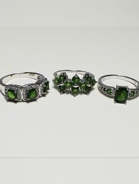 925 Silver 3 Lot Green Diopside Rings Sz 8-1/2, 8-3/4